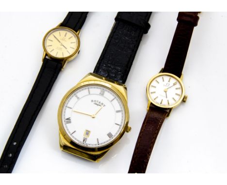Two c1980s boxed Omega ladies wristwatches, both gold coloured and quartz, one lacks winder, together with a modern Rotary qu