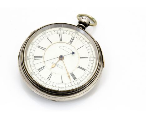 A large Victorian silver chronograph open faced pocket watch, 59mm, marked H. Samuel to the dial, appears to run, with stopwa