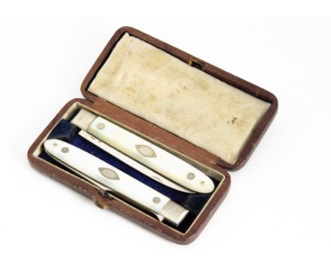 A George III silver and mother of pearl campaign folding knife and fork set, presented in a fitted box