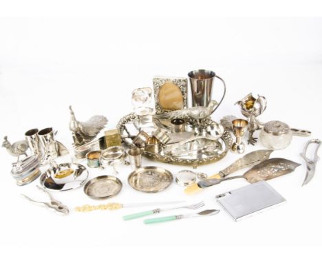 A collection of silver and silver plate, including an Art Deco silver cigarette box and inkwell, a silver salt, a silver sauc