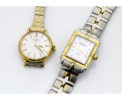 A Raymond Weil stainless steel and gold plated lady~s wristwatch, 20mm wide with mother of pearl dial, strap lacks a bar, tog