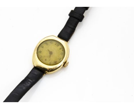 A c1940s Movado 14ct gold cased lady~s wristwatch, 18mm case, not running, on black leather strap