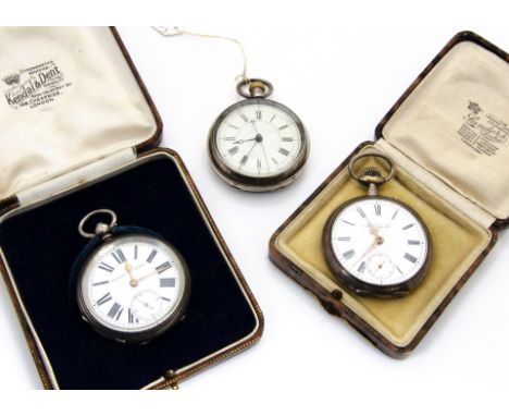 Three Victorian and later silver open faced pocket watches, one a chronometer, another marked Kendall &amp; Dent in box, the 