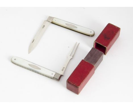 A George III silver and mother of pearl campaign folding knife and fork set, with red card box