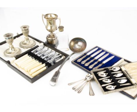 A collection of silver and silver plate, including a cased pair of silver salts, a 1950s silver trophy cup, a plated ladle an