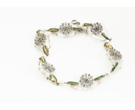 A French Art Deco sapphire and diamond, enamel and pearl glass set bracelet, the elongated glass hexagonal links centred with