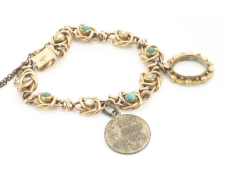 An Edwardian 15ct marked turquoise and seed pearl bracelet, the knotted links with alternate set materials, having later atta