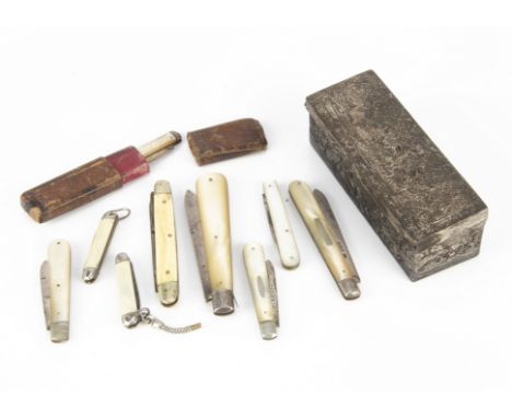 Five Victorian and later silver and mother of pearl pocket fruit knives, together with four further pocket knives and a once 