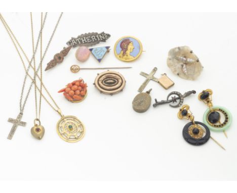 A collection of late 19th/early 20th Century jewellery, including a gilt metal pendant and chain, a coral brooch, a mother of