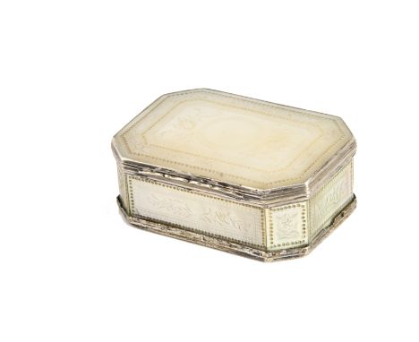 A 19th Century mother of pearl box, elongated octagonal form with engraved panels and silver plated mounts, 6.5cm, rear panel