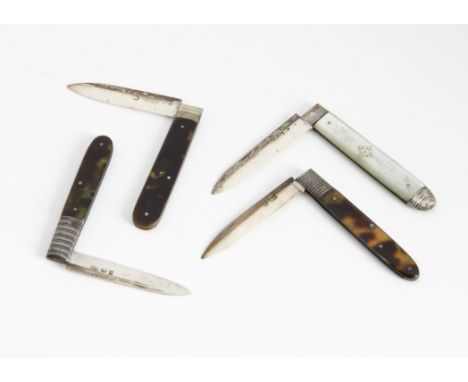 Four George III and later silver bladed folding pocket fruit knives, one with mother of pearl handle, the others with tortois
