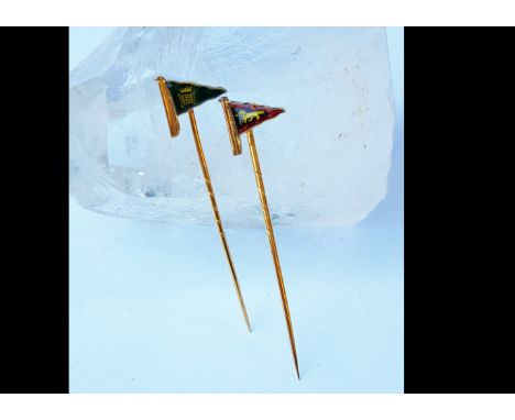 A House of Commons 9ct gold and enamel semaphore gold stick pin, together with another 9ct gold example with a flag of roarin