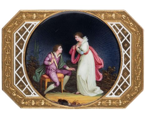 A SWISS GOLD SNUFF BOX SET WITH A MINIATURE ENAMEL PAINTING, FRANCOIS JOANIN, GENEVA, EARLY 1800Sof rectangular form with can