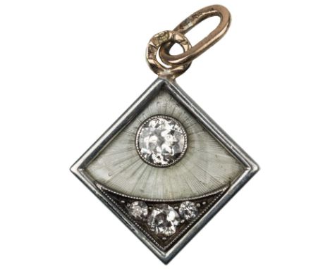 A RUSSIAN DIAMOND-SET GOLD AND ENAMEL PENDANT, MARKED E[?], 1899-1908of square form, the body with an engine-turned ground wi