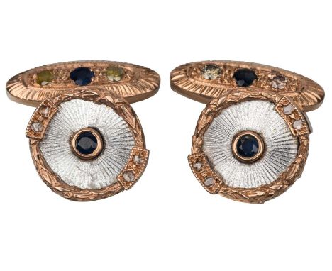 A PAIR OF GEM-SET GOLD AND GUILLOCHE ENAMEL CUFFLINKS, MOSCOW, 1907-1926of round form, the main body with a starburst engine-