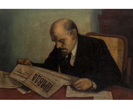 V. IVLIN (RUSSIAN EARLY 20TH CENTURY)Portrait of Lenin reading Pravda, 1928oil on canvas65 x 94 cm (26 x 37 in.)signed V. Ivl