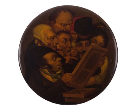 AN EROTIC RUSSIAN IMPERIAL SNUFF BOX, POSSIBLY A. LUKUTIN FACTORY, 19TH CENTURYof round shape, the outside of the painted cov
