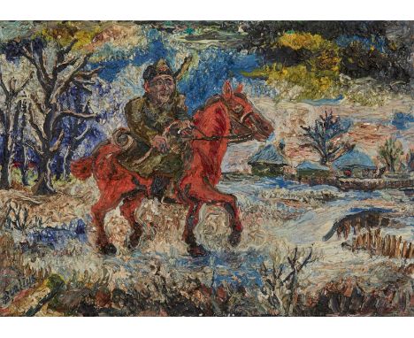 DAVID BURLIUK (RUSSIAN 1882-1967)Red Army Soldier, oil on canvas33 x 45.9 cm (13 x 18 in.)signed lower right 