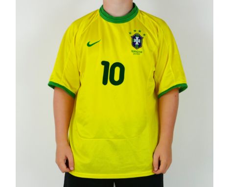 A Brazil International World Cup shirt 2002 bears the No. 10 for Rivaldo, who won 58 caps. Brazil went on to win the World Cu