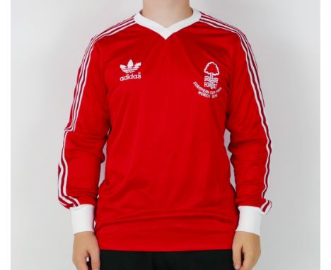 A Nottingham Forest long sleeve shirt bears European Cup Final 1979 Munich logo, by Adidas, bears Trevor Francis’s No. 7 to t