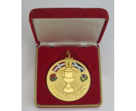 A Dubai Champions Cup 1987-88 gilt metal and enamel winners medallion, Everton v. Glasgow Rangers, Everton lost 8-7 on penalt