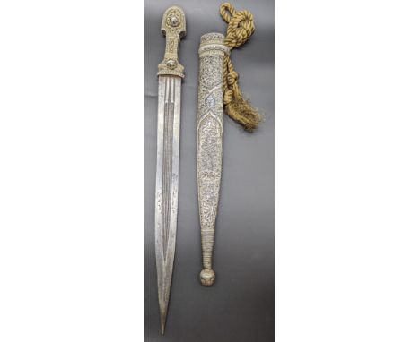 A large 19th century signed Caucasian niello inlaid silver kindjal dagger and scabbard, L.43cm, blade length 31cm