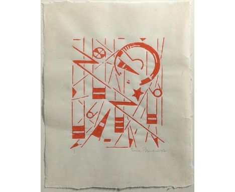 Erich Buchholz (German, 1891-1972), Planetenbahnen (Planetary Orbits), woodcut print in red, signed in pen, H.25cm W.20cm, pe