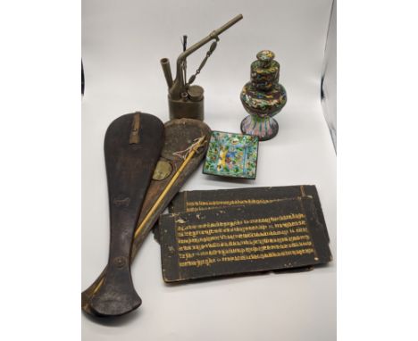 A collection of Chinese objects to include a manuscript, a medically-used scale with original wooden protective case, and ena