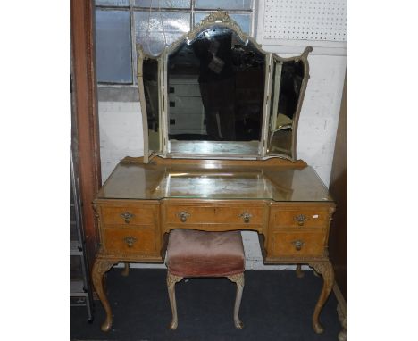 A 1950'S BLEACHED WALNUT DRESSING TABLE with carved decoration on cabriole legs with triple mirror and matching stool