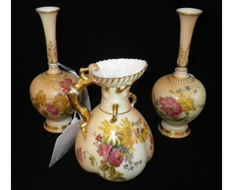 A ROYAL WORCESTER BLUSH IVORY VASE in the form of a jug with hand painted floral decoration, 5" high and a pair of Royal Worc