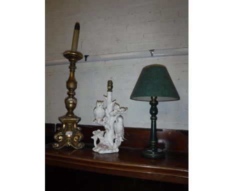 A GILTWOOD ALTAR CANDLESTICK (converted to a table lamp), a ceramic table lamp decorated with owls and a single green table l