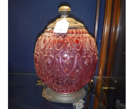 A CRANBERRY MOULDED GLASS HALL LANTERN with brass fittings