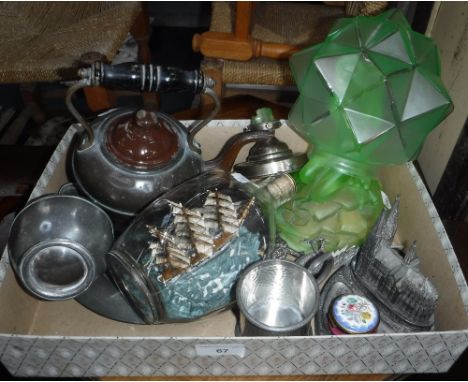 A SHIP IN A GLASS BOTTLE, an Art Deco glass lamp (examine) and sundries