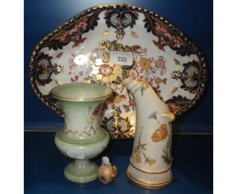 A ROYAL WORCESTER GREEN GLAZED PEDESTAL VASE, 5" high, two similar Royal Worcester items and a Crown Derby dish (4)