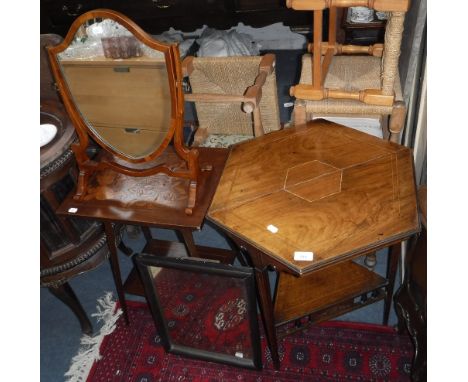 A LATE VICTORIAN INLAID ROSEWOOD OCCASIONAL TABLE, another similar, a shield-shaped toilet mirror and another mirror