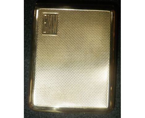 AN ASPREY'S 9CT GOLD MATCH HOLDER, with engine-turned decoration and engraved initials, c. 24.7gms