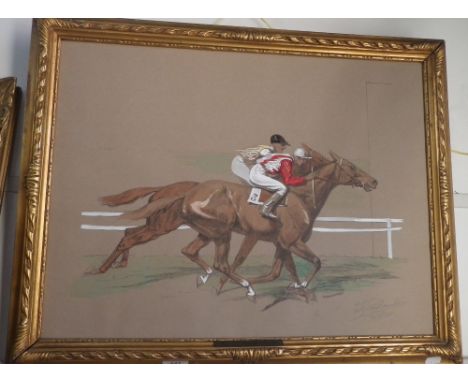 EUGENE PECHAUBES, 1890-1967: A signed lithograph with colouring of two racehorses, No. 292/300 in gilt frame