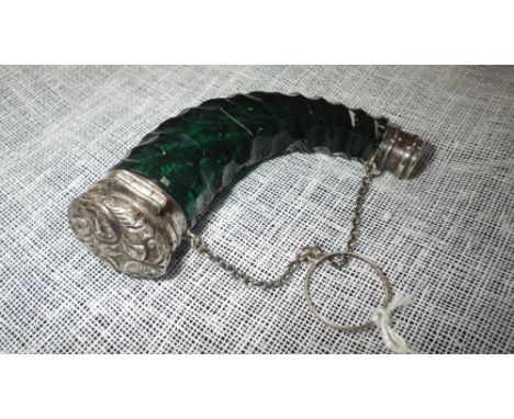 A CUT GREEN GLASS HORN SHAPED SILVER MOUNTED SCENT FLASK