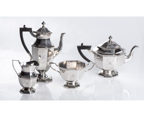 Mappin &amp; Webb, Sheffield 1924, comprising a teapot, hot water jug, milk jug and sugar basin. Each octagonal hemi-spherica