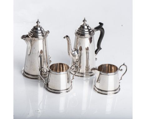 J Gloster Ltd, Birmingham, 1947, comprising a coffee pot, hot milk jug, cold milk jug and sugar basin, with tapering cylindri