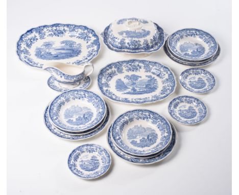  Comprising: 12 dinner plates (one chipped), 16 fish plates, 12 side plates,10 soup bowls, 4 platters, the larger 39cm, 4 veg