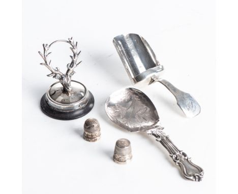 Joseph Hardy &amp; Co, Birmingham, 1806; another caddy spoon, George Unite, Birmingham 1858, damaged; a stag's head menu hold