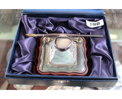 20thC boxed Silver topped inkwell on stand with matching Pen 