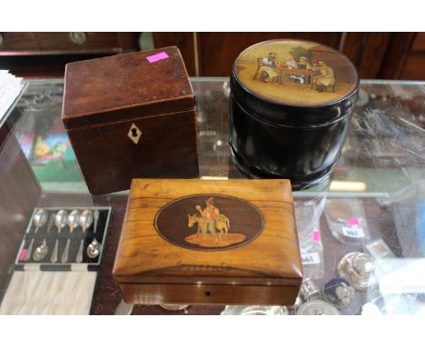 Good quality Sorrento ware Italian hinged box decorated with man and donkey, Lacquered Tin tobacco tin with hand painted figu