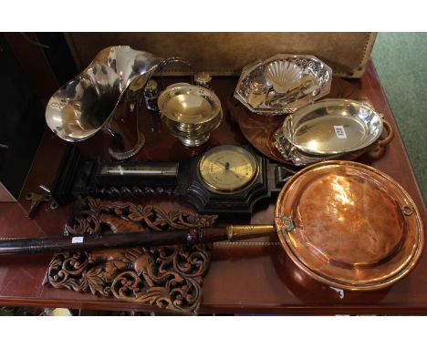 Collection of assorted Silver plated table ware, Copper warming pan and a Oak Barley twist wall barometer 