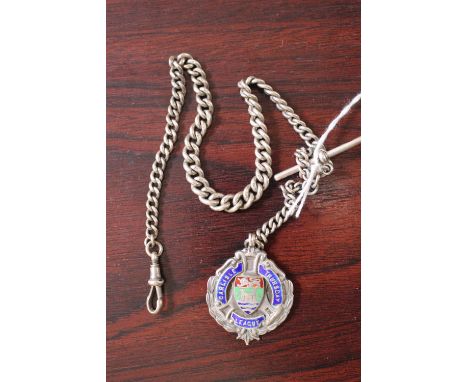 Gents Silver watch chain with applied Fob 41g total weight 