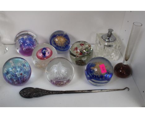 Collection of Glass Paperweights, Silver handled button hook and a Table lighter 