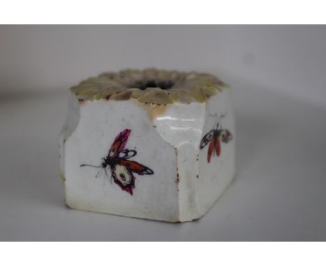 Early English Pottery Inkwell with Floral top over hand painted butterfly decoration 