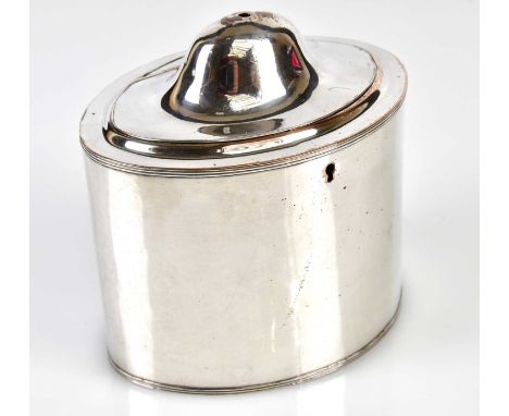 An 18th century Sheffield plate tea caddy of oval form, height 13cm (lacking finial).