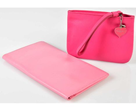 PENHALIGONS; a fuschia pink soft lambskin make-up bag with embossed logo to front, heart shaped bag charms and carry handle a